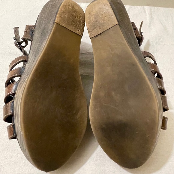 Bedstu Womens Size 7 Leather Strappy Wooden Wedge Sandals Brown - Picture 13 of 13